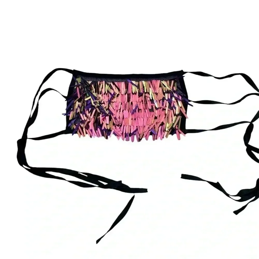 Purple Iridescent Sword Sequins Crop Top Dangling on Purple Mesh Fabric